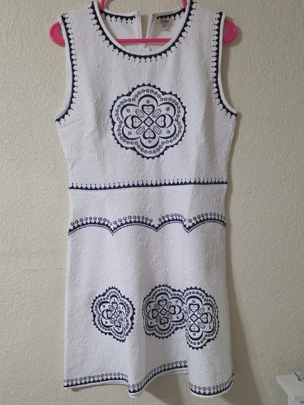 Sleeveless White Mini Dress with Navy Medallion Embroidery